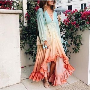 NWT | Rainbow Ombré Tiered Dip Dye Maxi Dress | Size Small